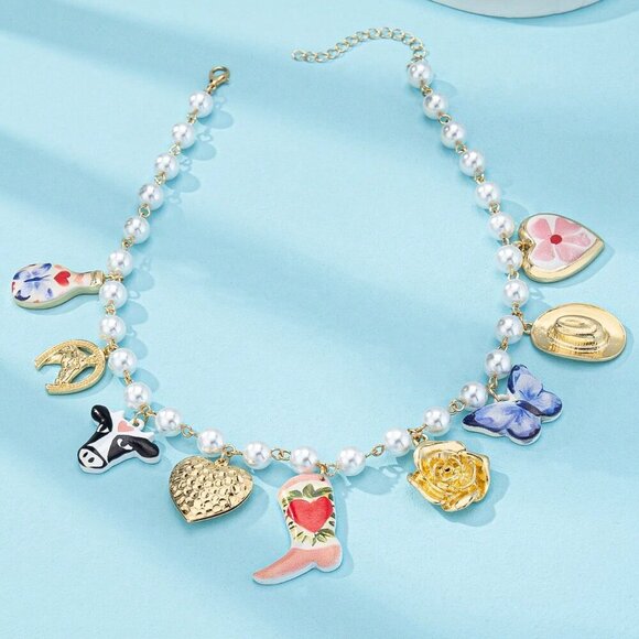 Multicolor Casual Women's Faux Pearl Beaded Western Charm Necklace - Picture 2 of 3